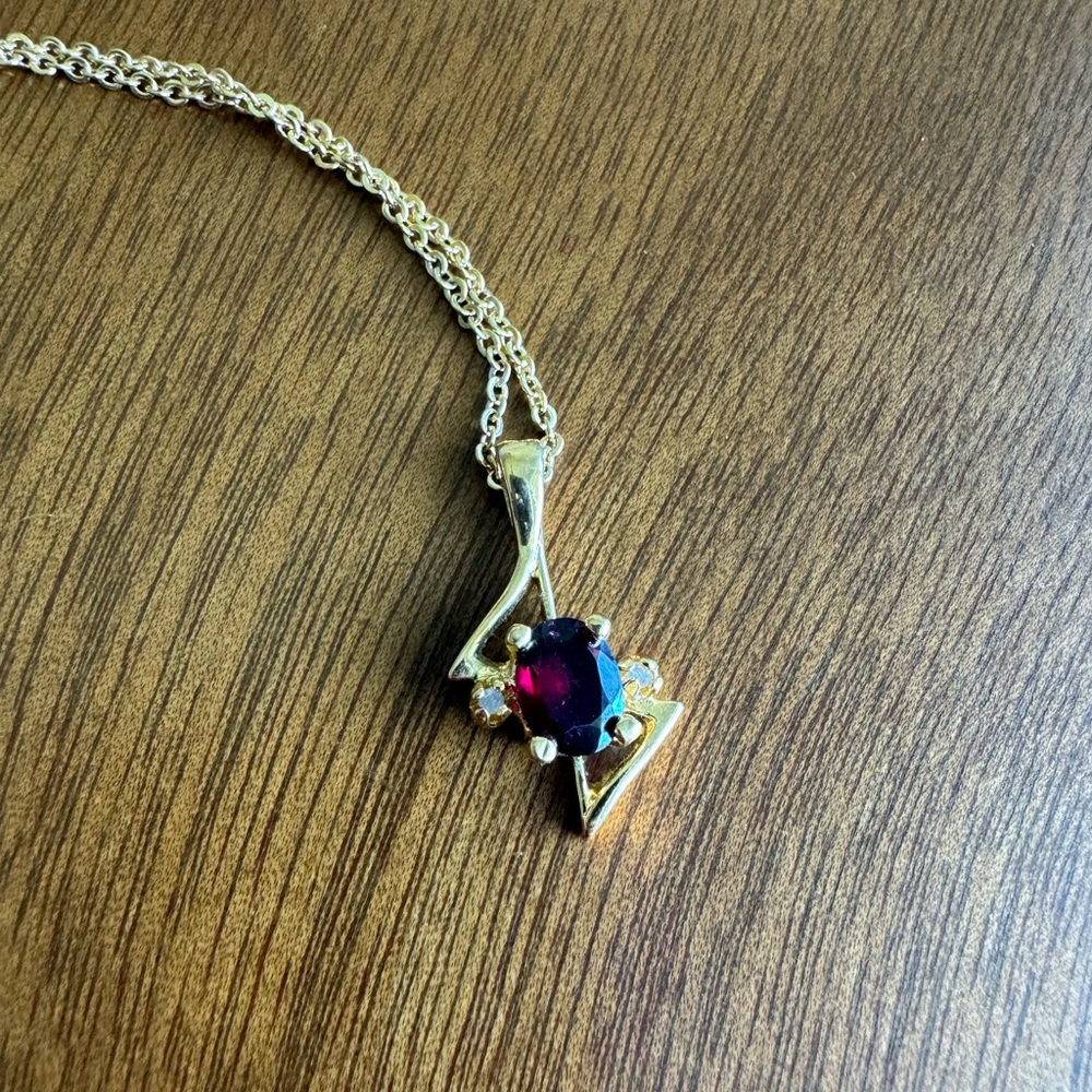 Vintage Lind 14k gold plated garnet and clear cz necklace